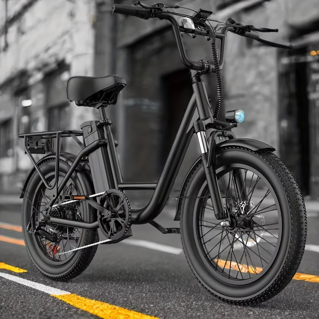 Black electric bicycle on a city street with blurred background
