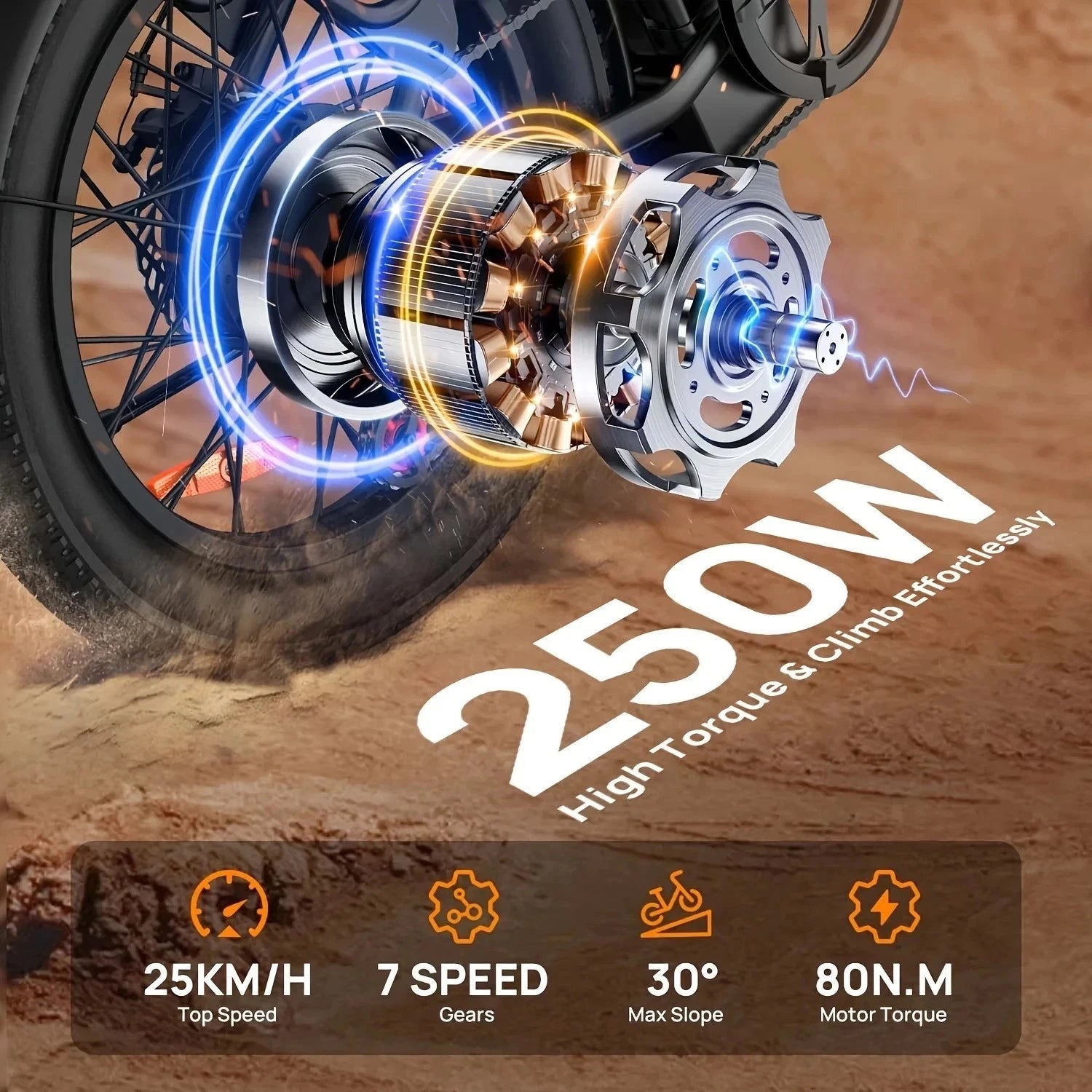 Electric bicycle wheel with technical specifications on a brown gravel background