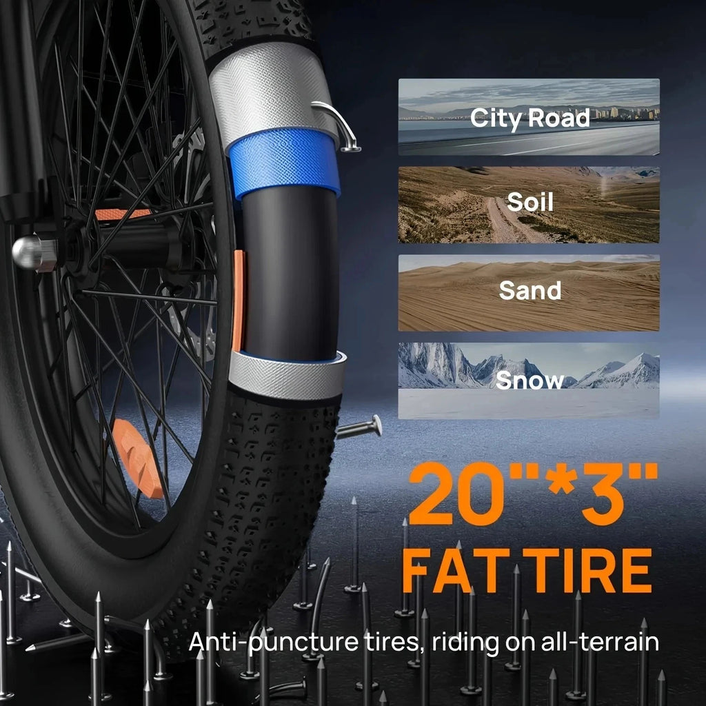 Fat tyre with anti-puncture feature on a dark background, showing suitability for various terrains.