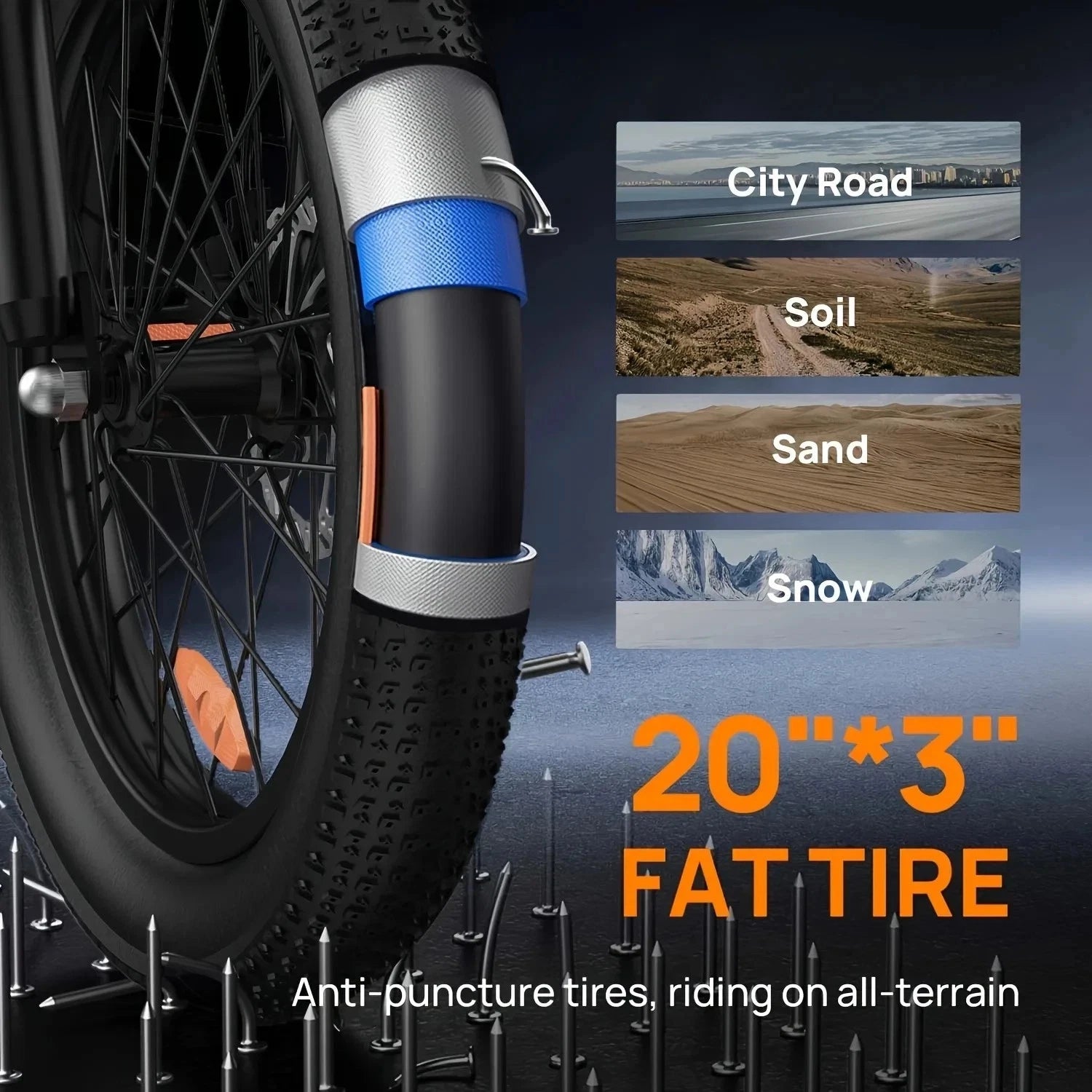 Fat tyre with anti-puncture feature on a dark background, showing suitability for various terrains.