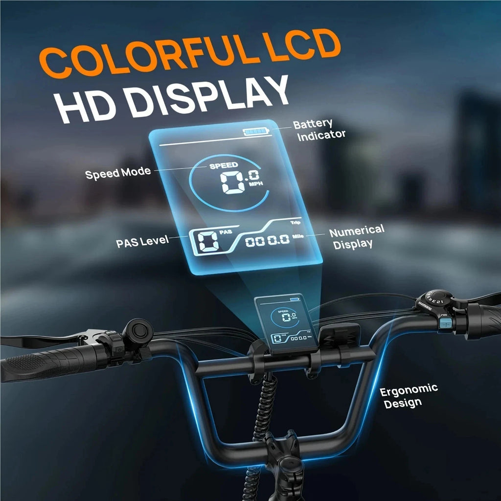 Colorful LCD display on a bike handlebar with text indicating features.