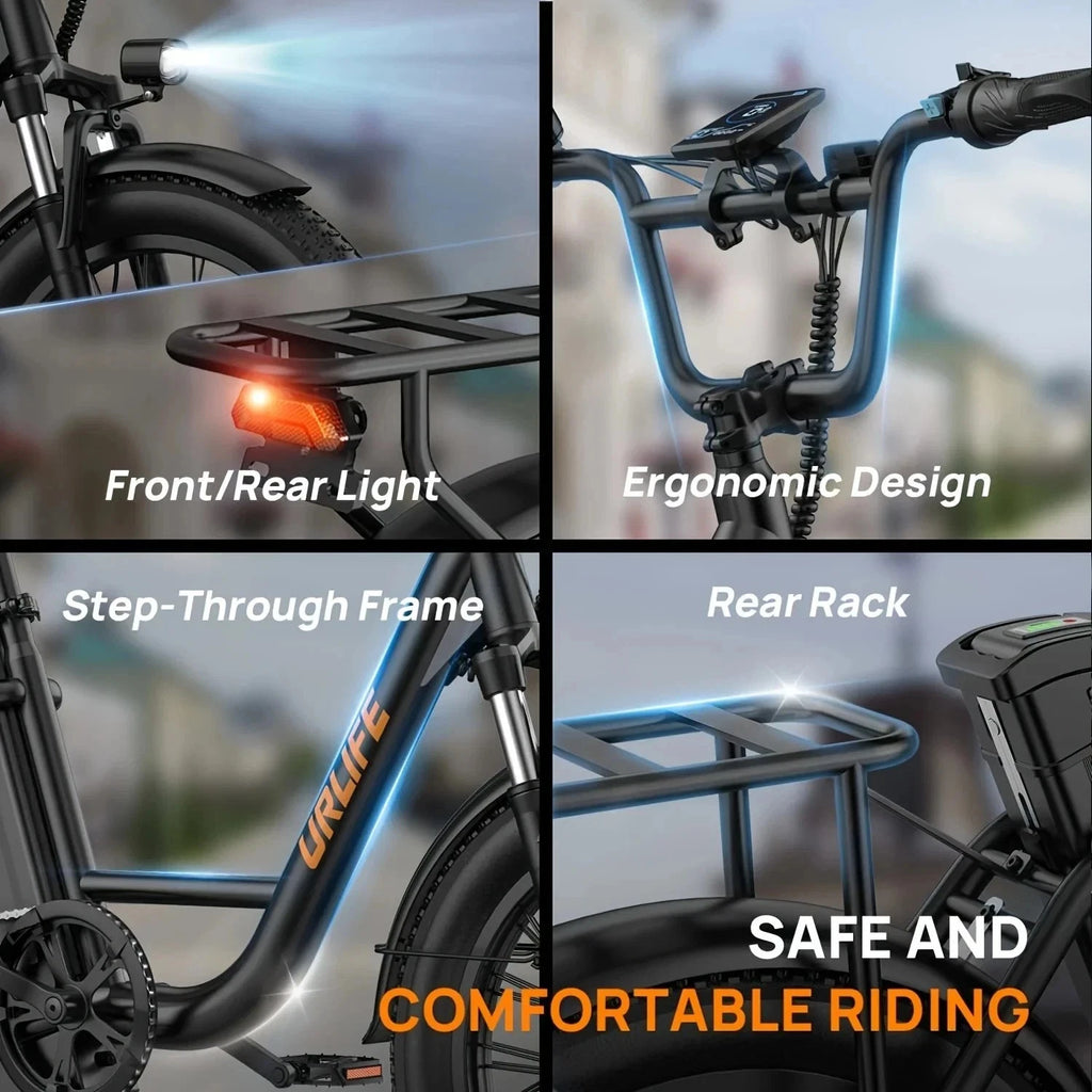 Bicycle features with labels on front/rear light, ergonomic design, step-through frame, and rear rack.