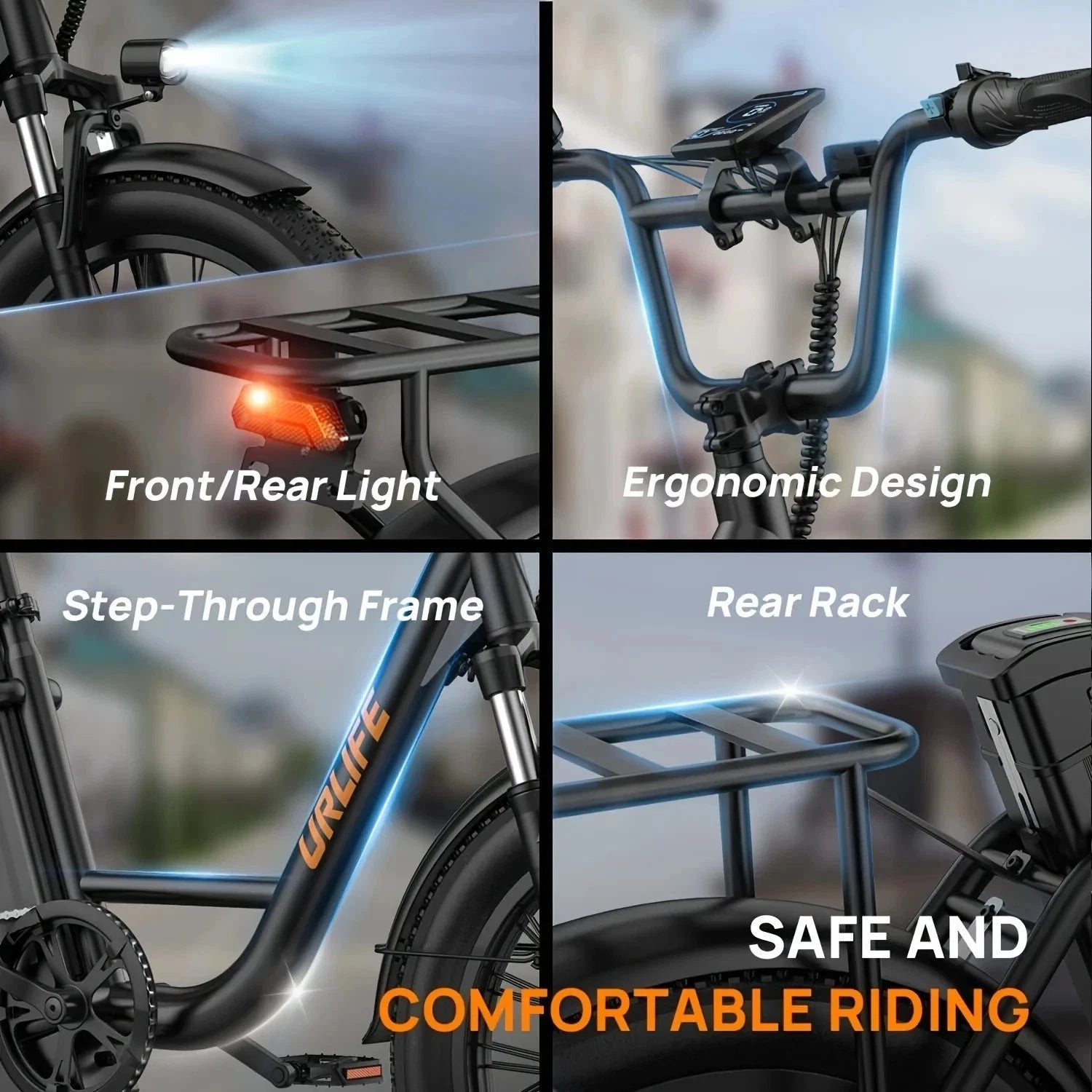 Bicycle features with labels on front/rear light, ergonomic design, step-through frame, and rear rack.