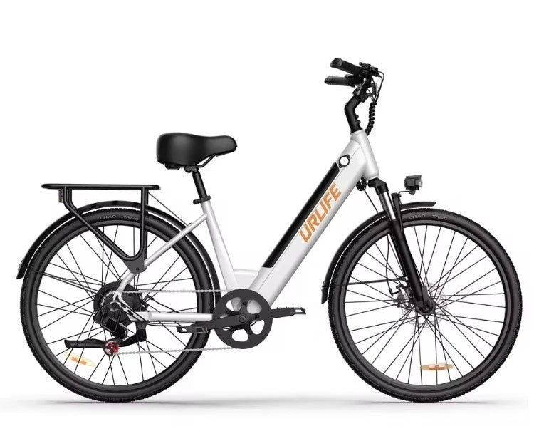 White electric bicycle with black tires on a white background