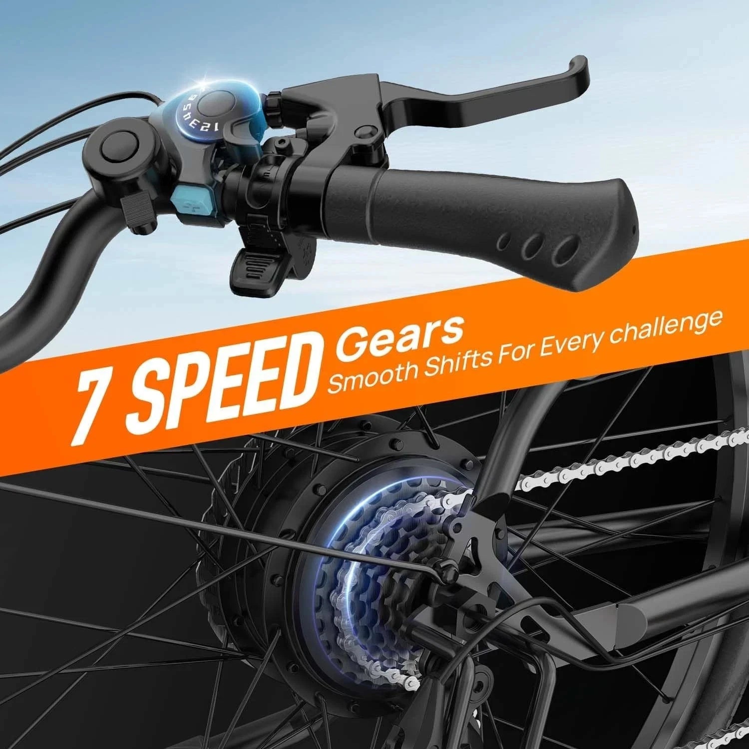 Bicycle handlebar with gear mechanism and '7 Speed Gears' text on an orange banner.