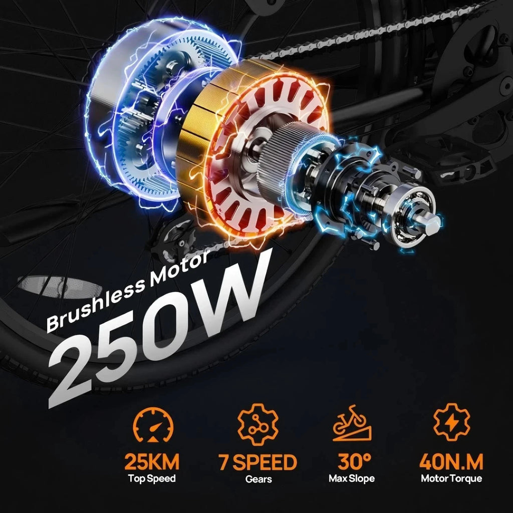 Bicycle brushless motor with technical specifications on a dark background