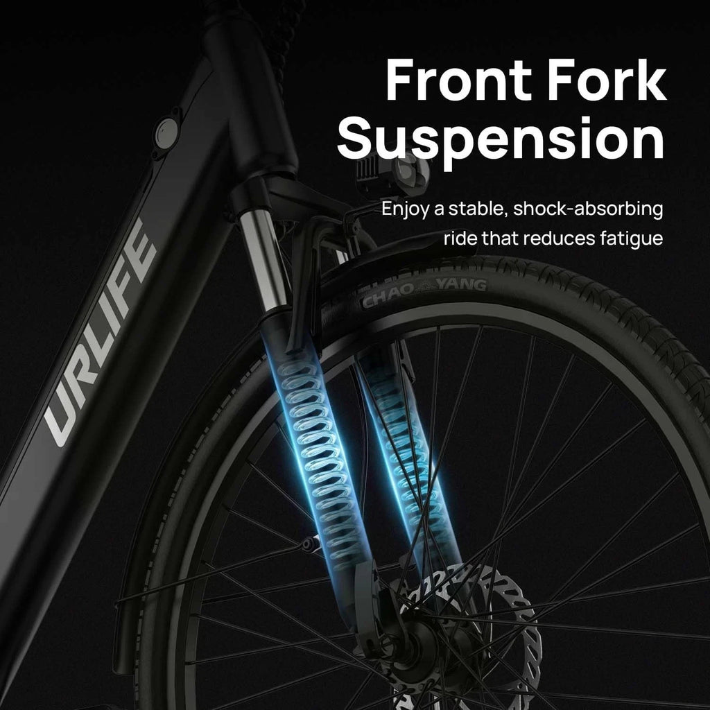 Bicycle front fork suspension with URLIFE branding on a dark background