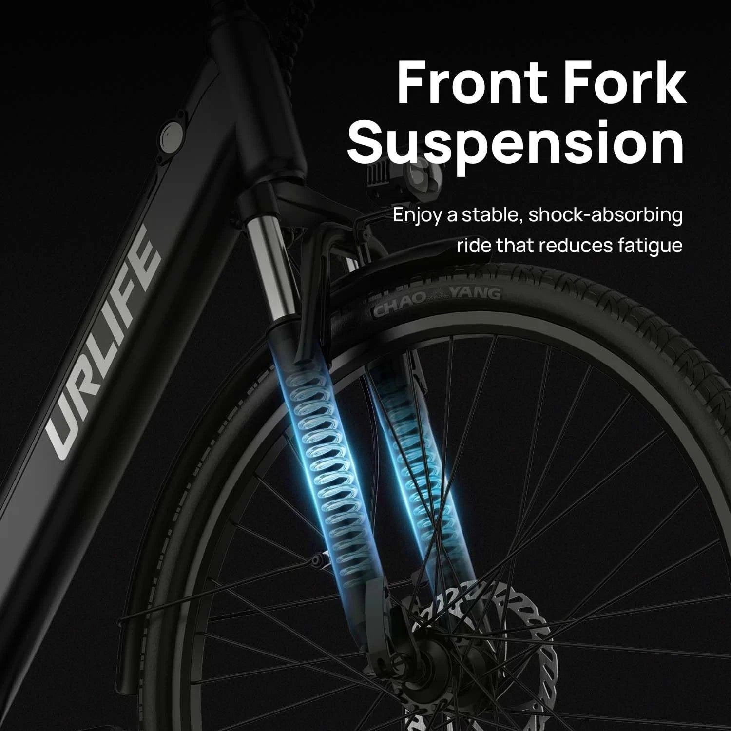 Bicycle front fork suspension with URLIFE branding on a dark background