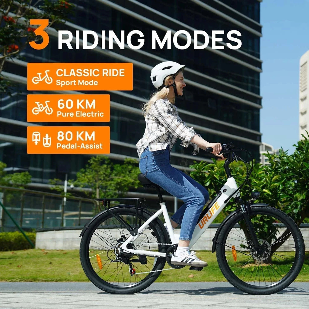 Person riding an electric bike with text on riding modes in an urban setting