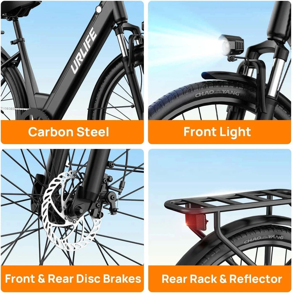 Bicycle features including carbon steel frame, front light, disc brakes, and rear rack with reflector on a clear background.