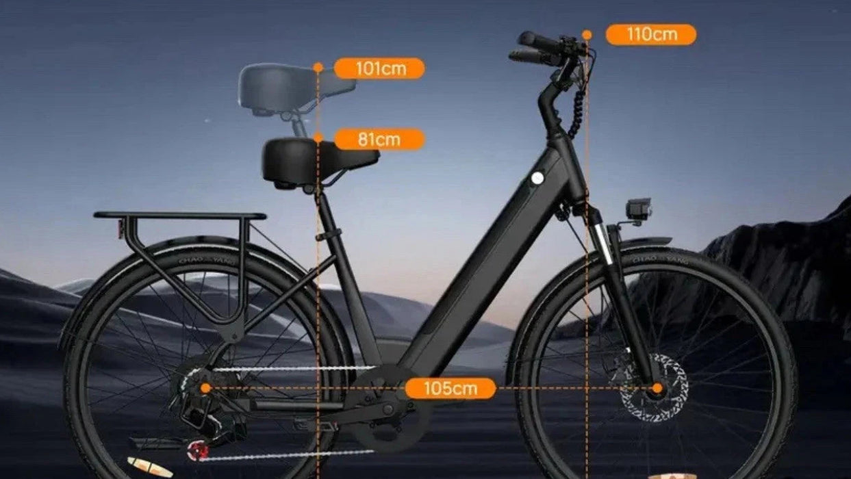 Electric bike with size measurements and specifications on a dark background