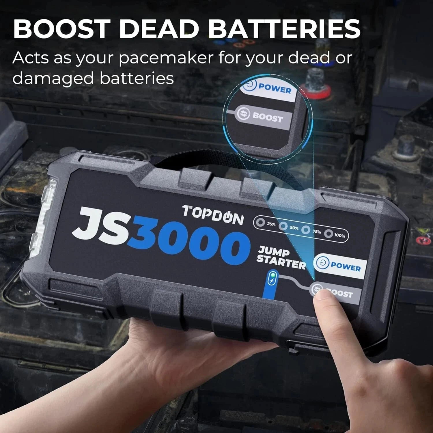 Topdon JS3000 jump starter being held with text about boosting dead batteries.