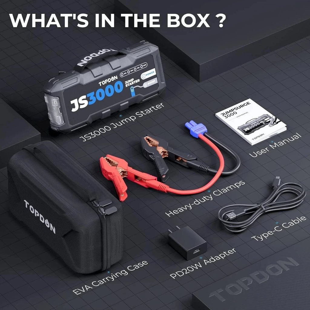 Topodon JS3000 jump starter kit with accessories on a black grid background