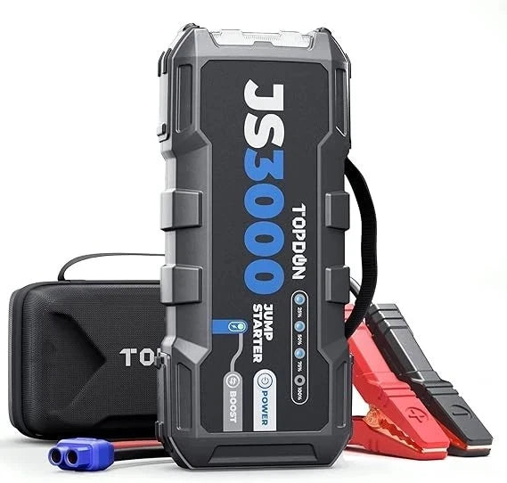 Topdon JS3000 jump starter with clamps and carrying case on a white background
