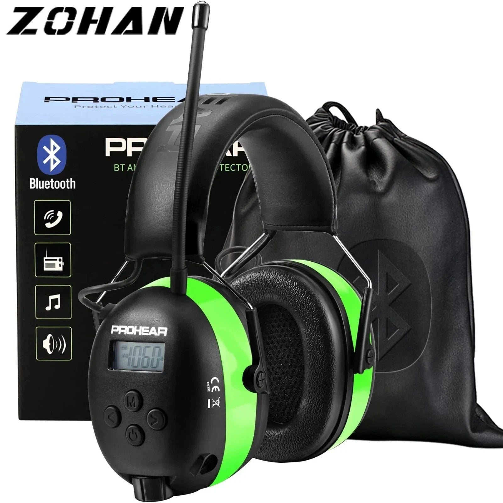 Prohear Bluetooth hearing protection headset with Zohan branding, packaging, and carrying case.