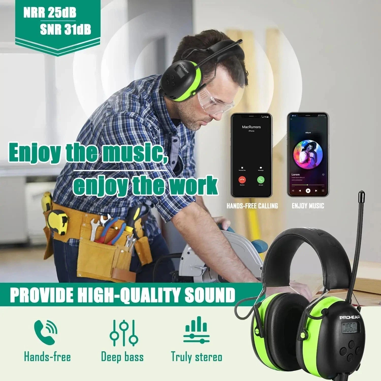 Man wearing green and black headphones with tools, phones, and text about sound quality and features.