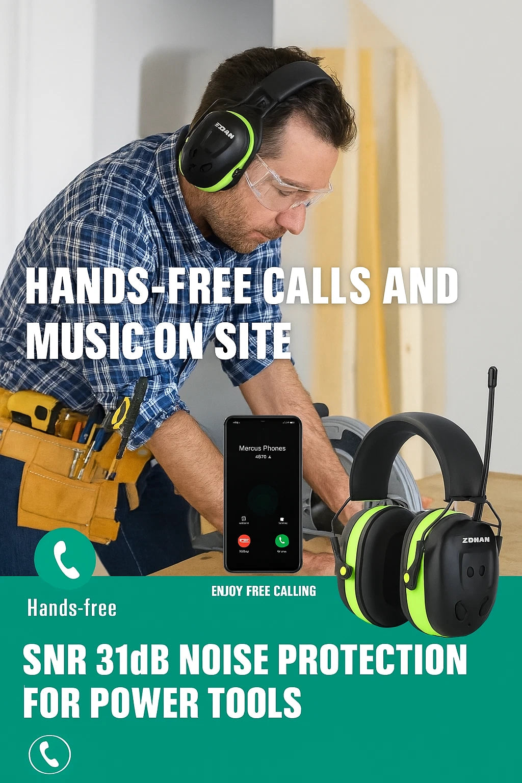 Person wearing wireless ear protection with text highlighting hands-free calls, music, noise protection, and power tools.