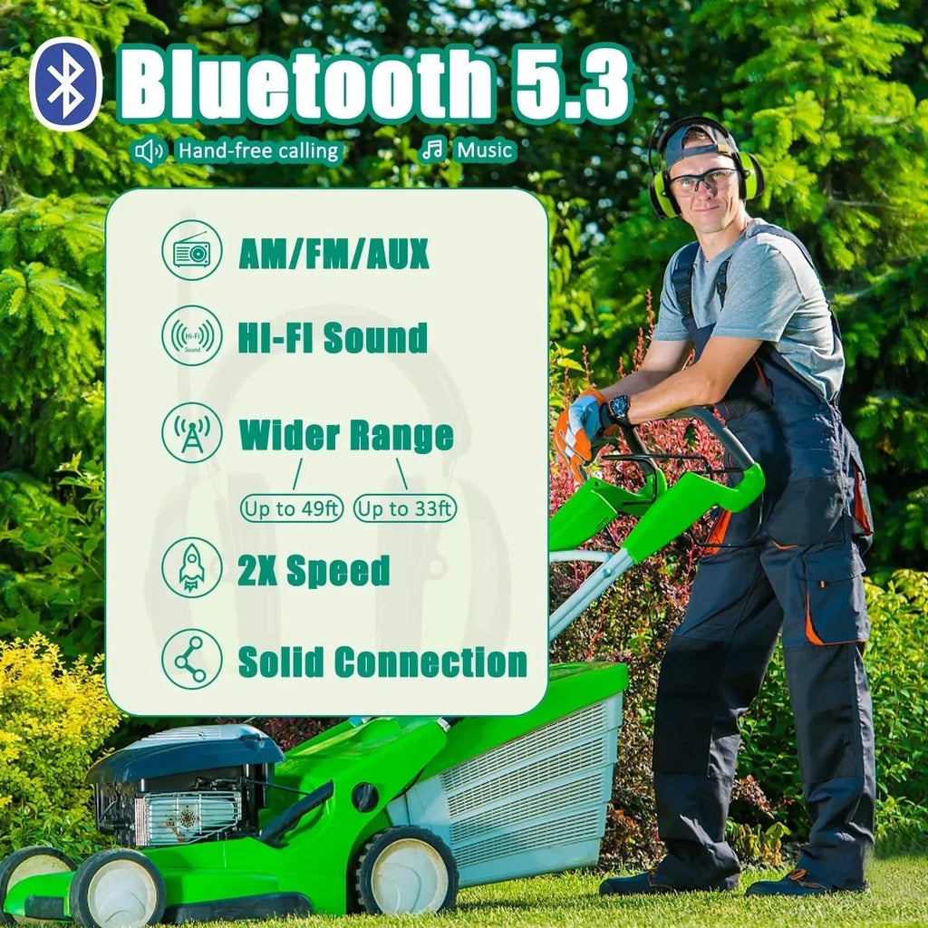 Man operating a green lawn mower with Bluetooth 5.3 features displayed on a green outdoor background.