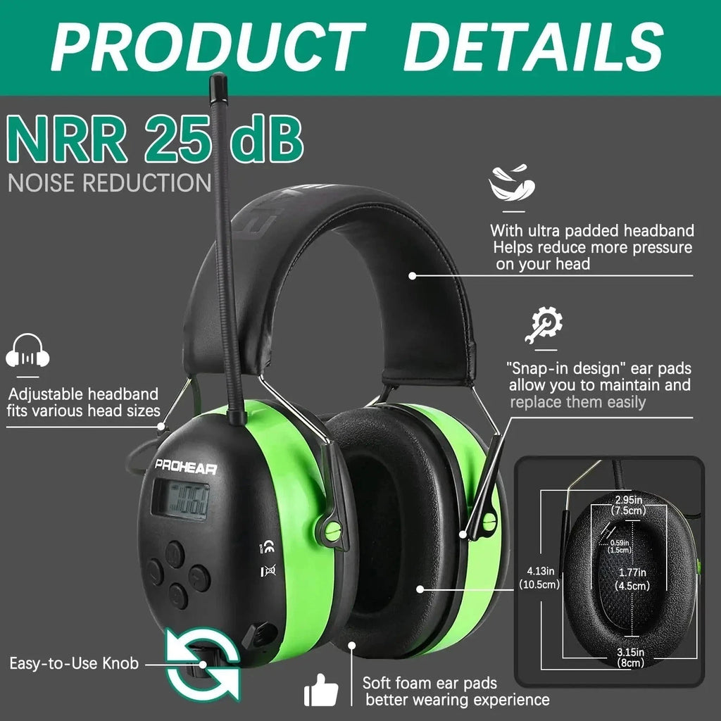 Green and black noise reduction headphones with features highlighted on a gray background