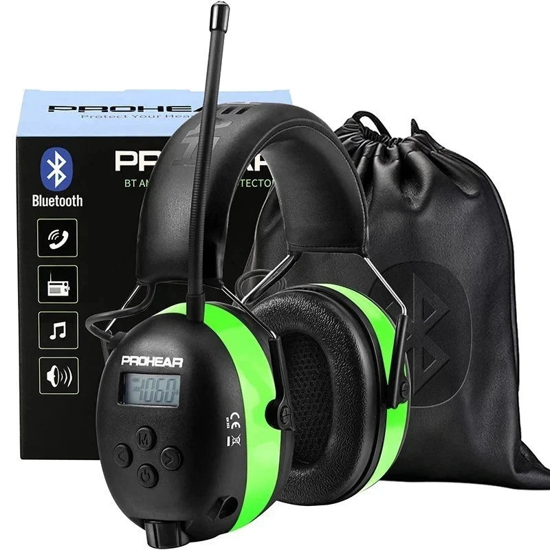 Green Zohan Prohear Bluetooth ear protection with packaging and carrying bag on a white background