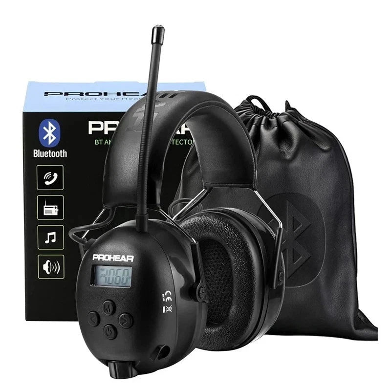 Black Zohan Prohead electronic hearing protection headphones with digital display, antenna, and carrying case with box on a white background.