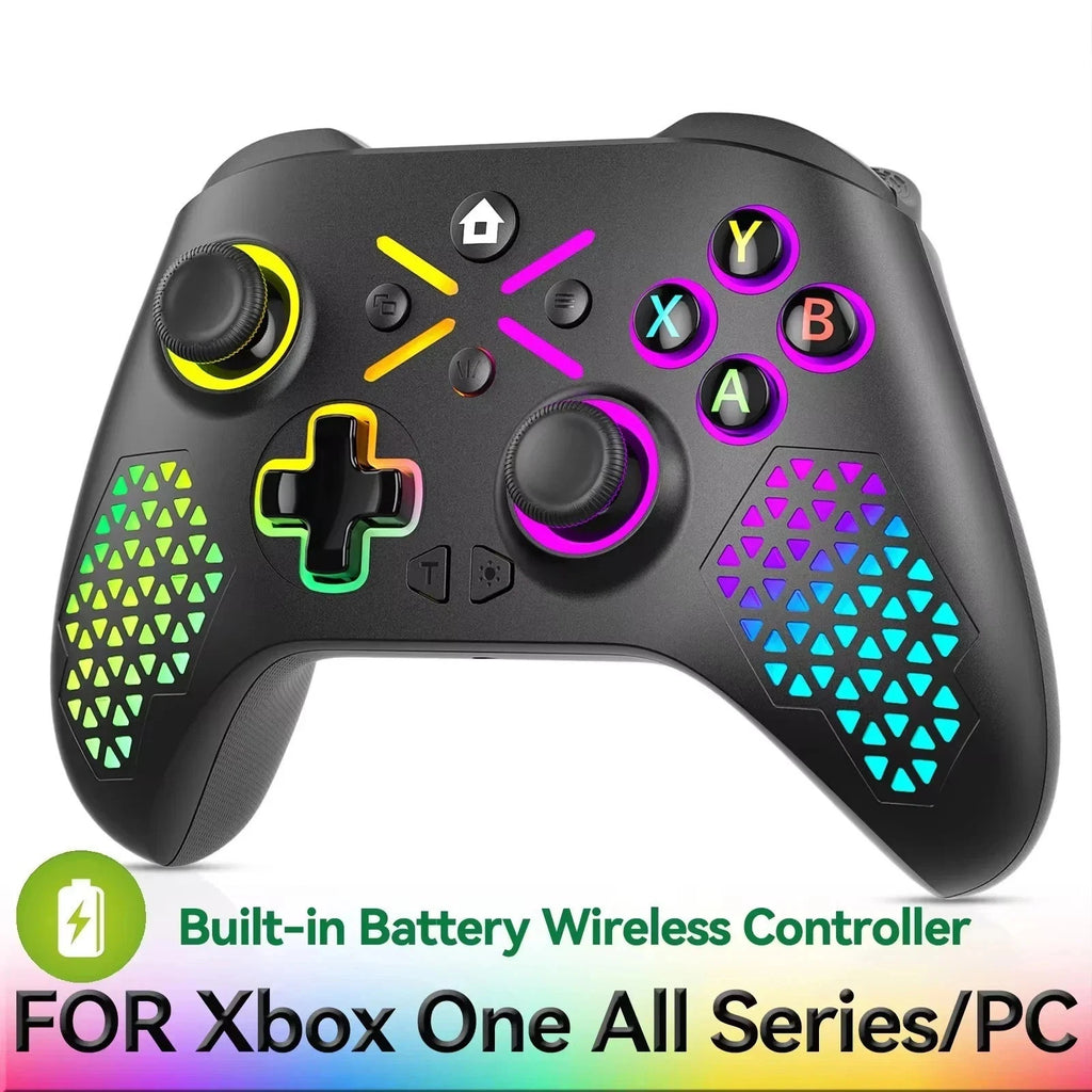 Gaming controller with colorful LED lights on a white background