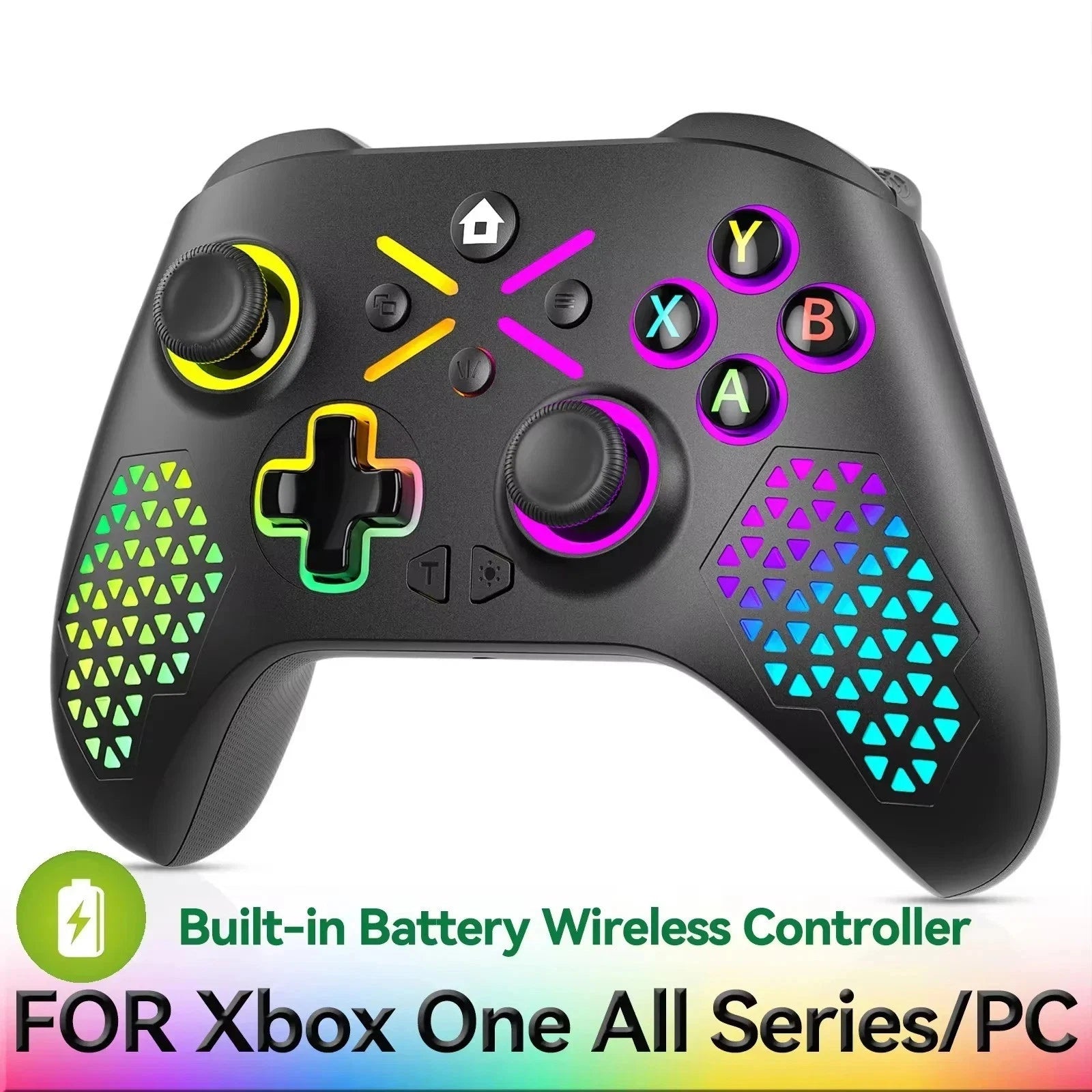 Gaming controller with colorful LED lights on a white background