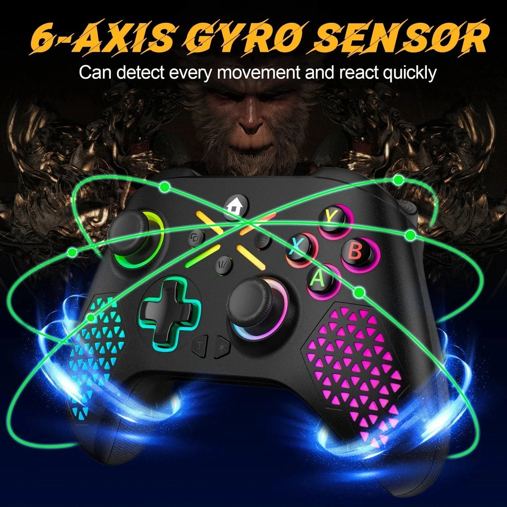 Gaming controller with 6-axis gyro sensor features and glowing effects on a dark background.