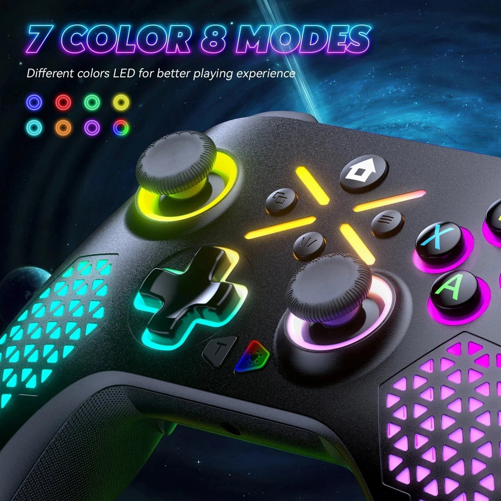 Gaming controller with RGB lighting on a space-themed background