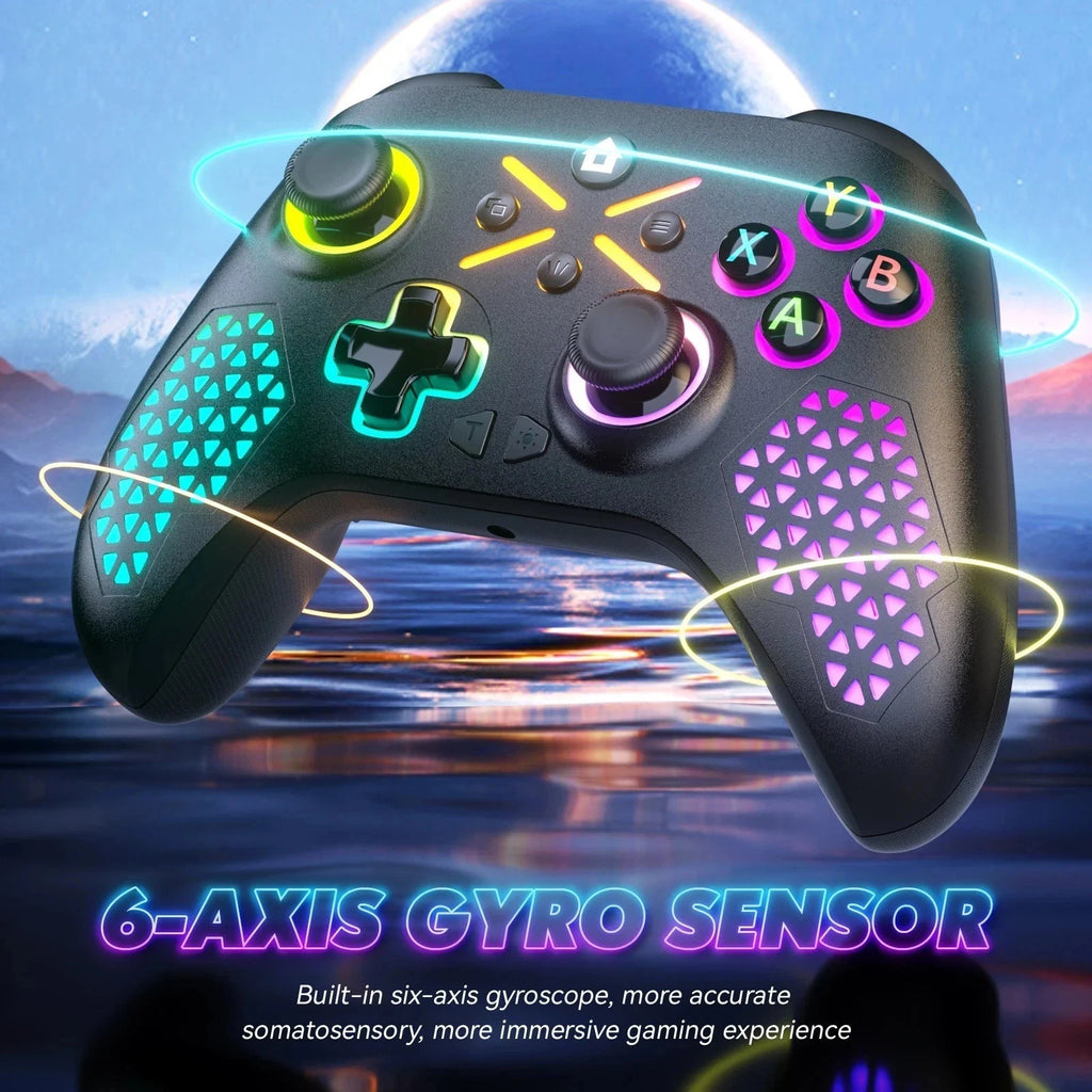 Gaming controller with colorful LED lights on a dynamic background