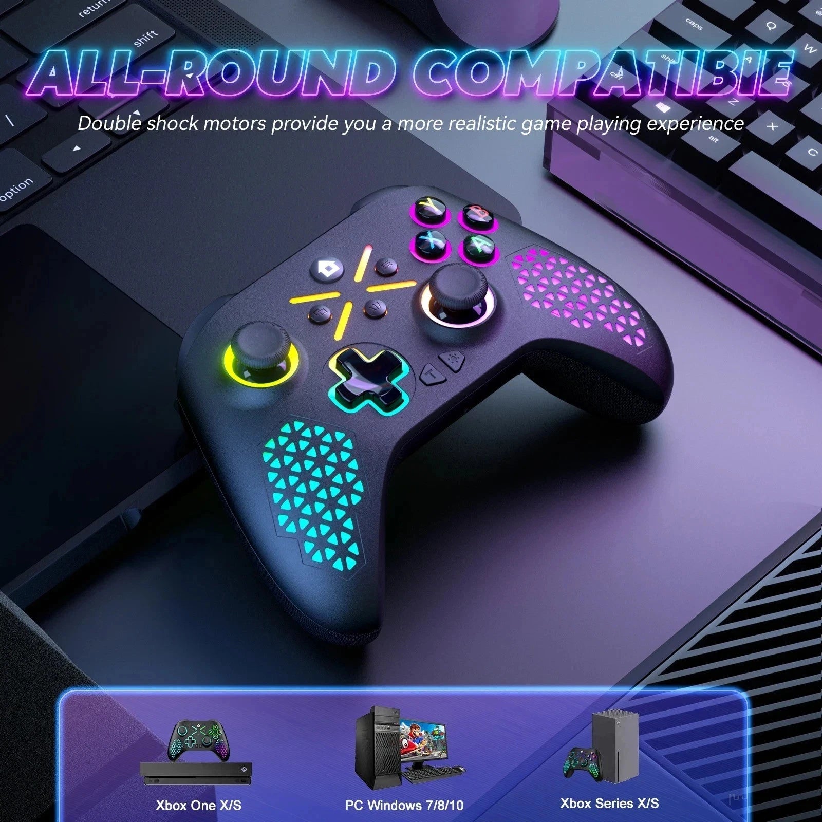 Gaming controller with colorful lighting on a dark surface, surrounded by computer equipment.