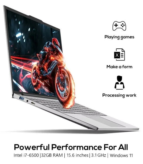 Laptop with a motorcycle graphic on the screen, icons for gaming, document editing, and work, and text about powerful performance.