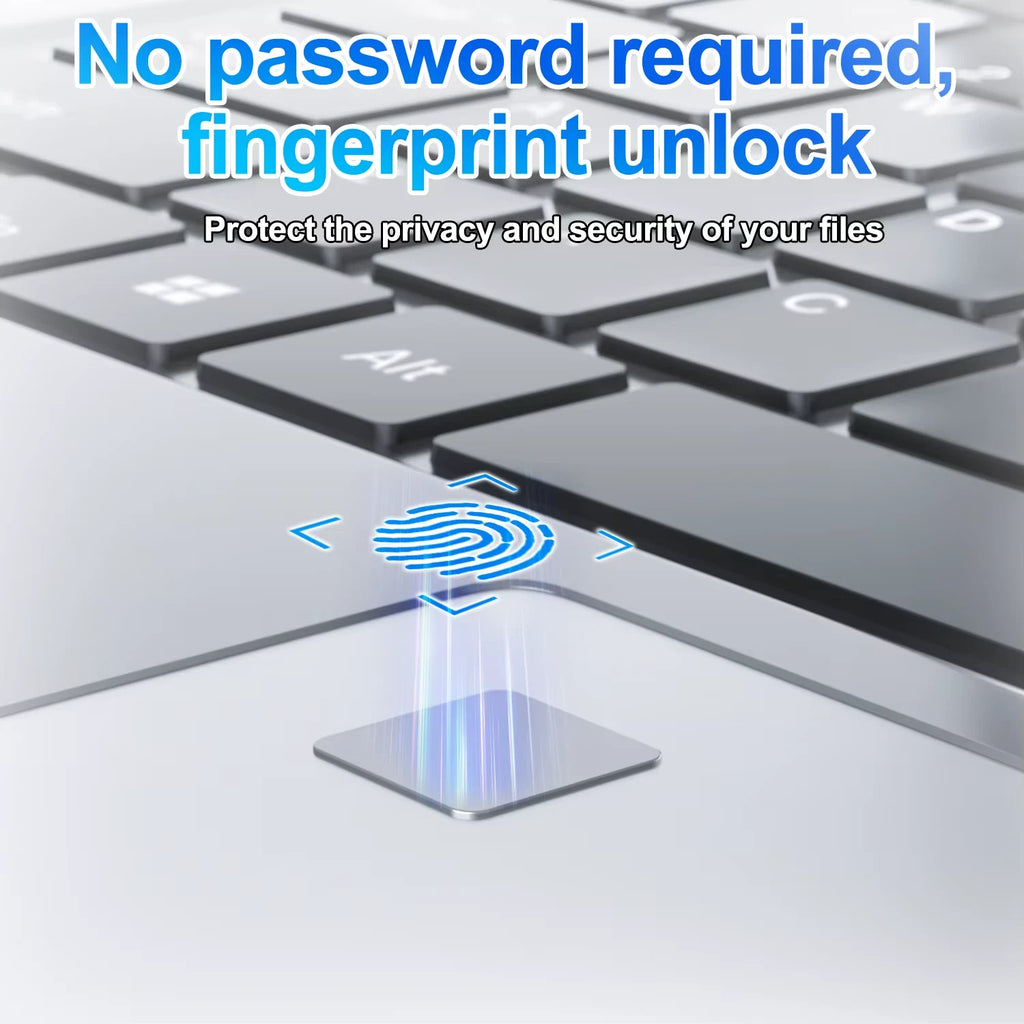 Fingerprint unlock feature on a laptop keyboard with text about privacy and security.