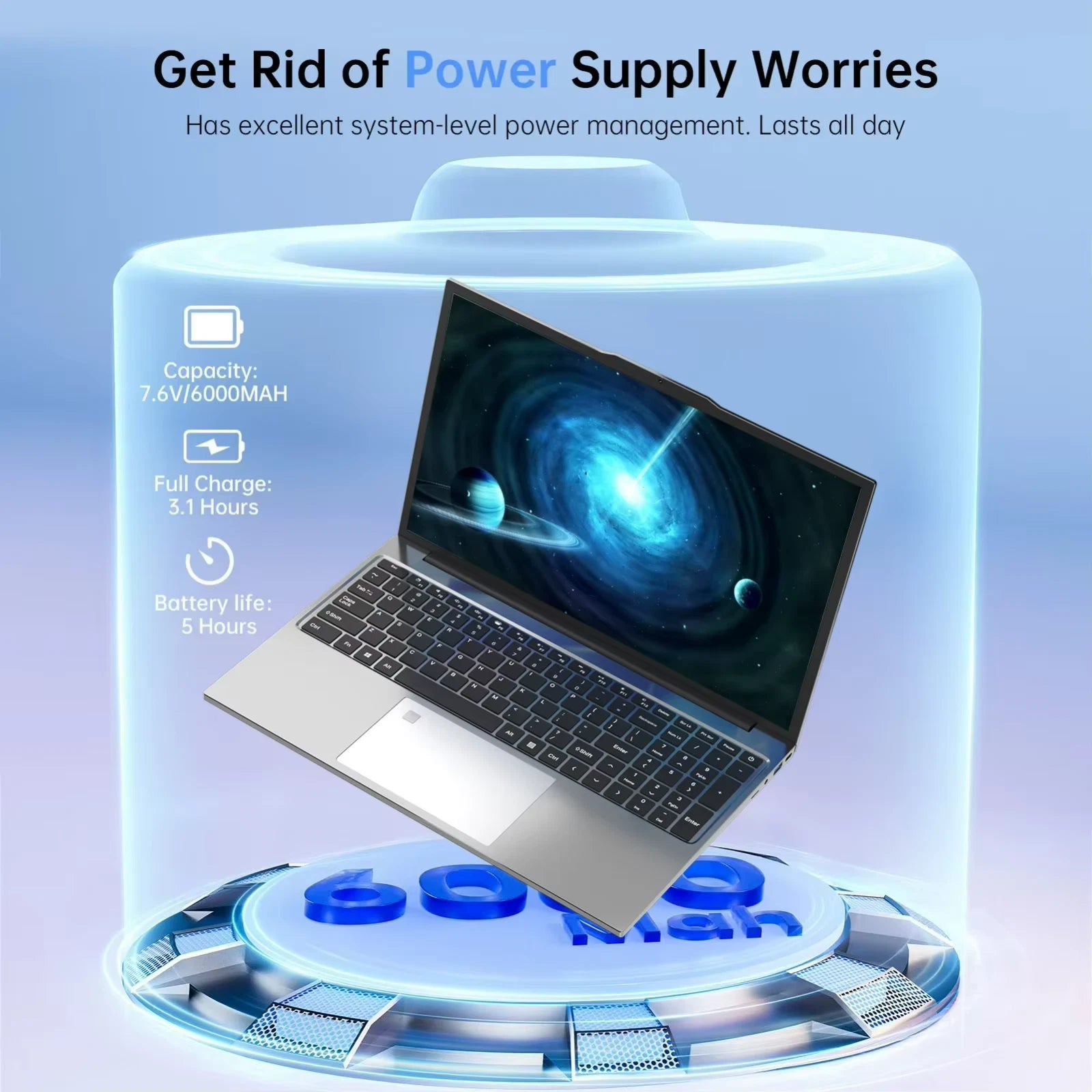 Laptop with power management features displayed on a gradient background