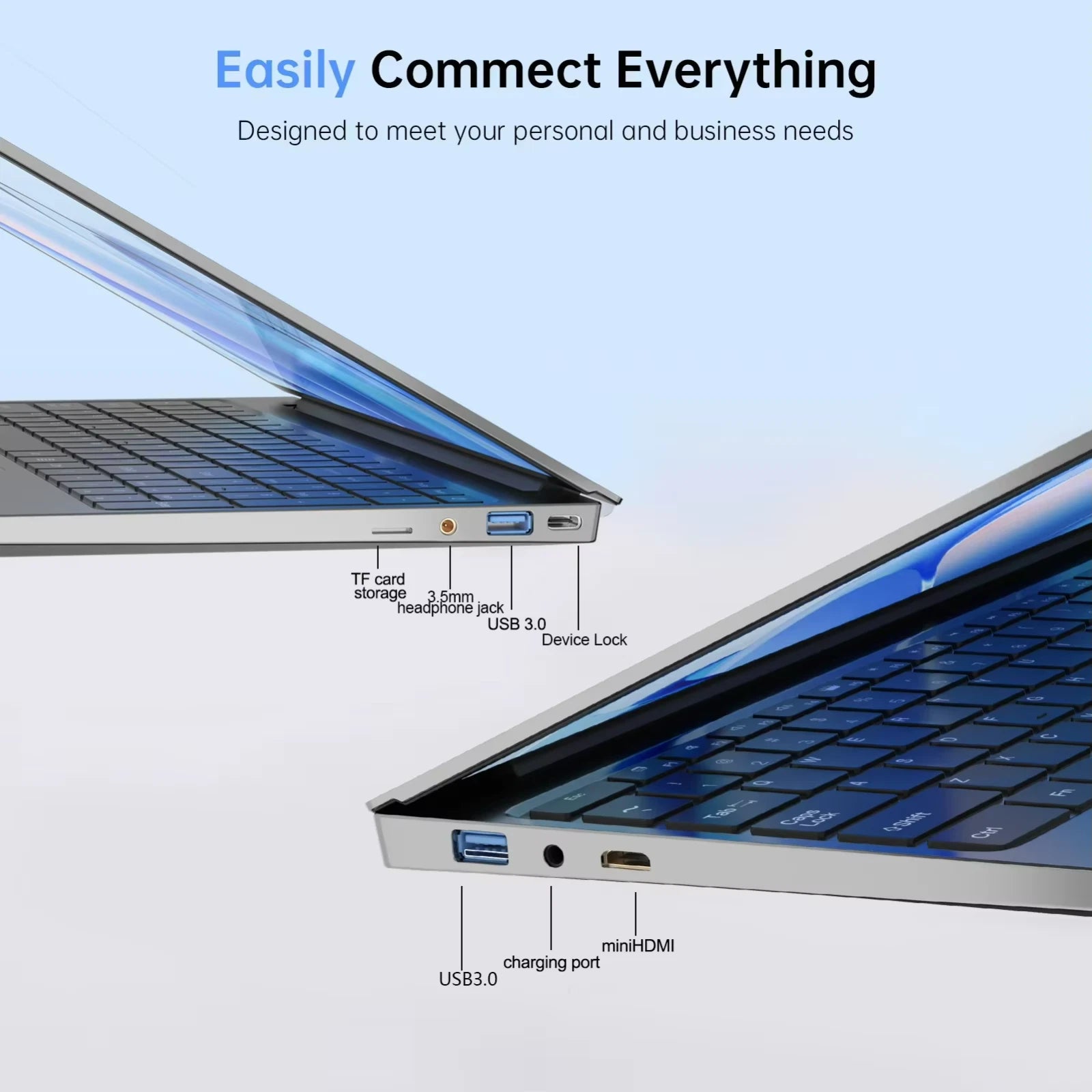Laptop with ports labeled on a light blue background