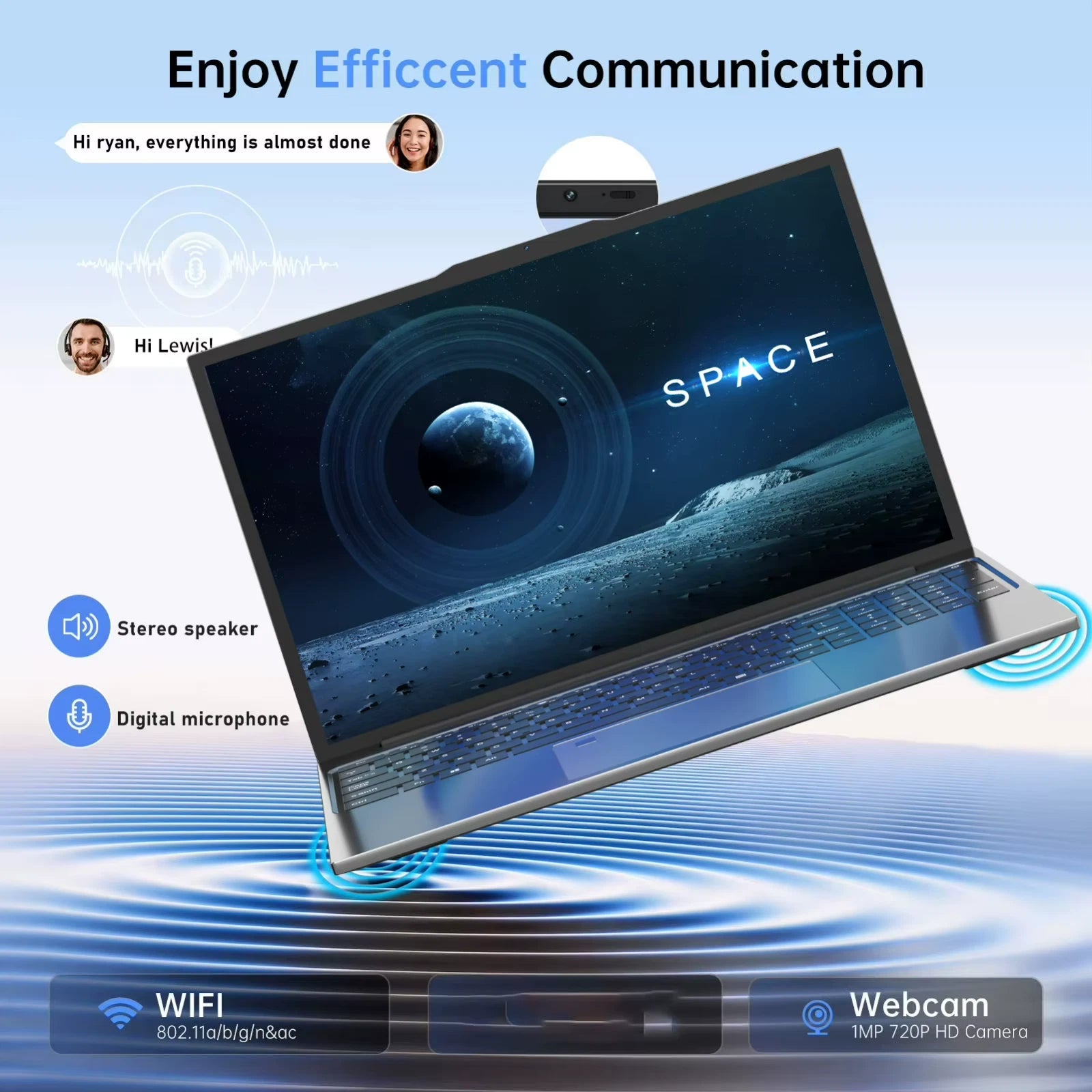 Laptop with space-themed display on a blue background, featuring communication elements and product features.