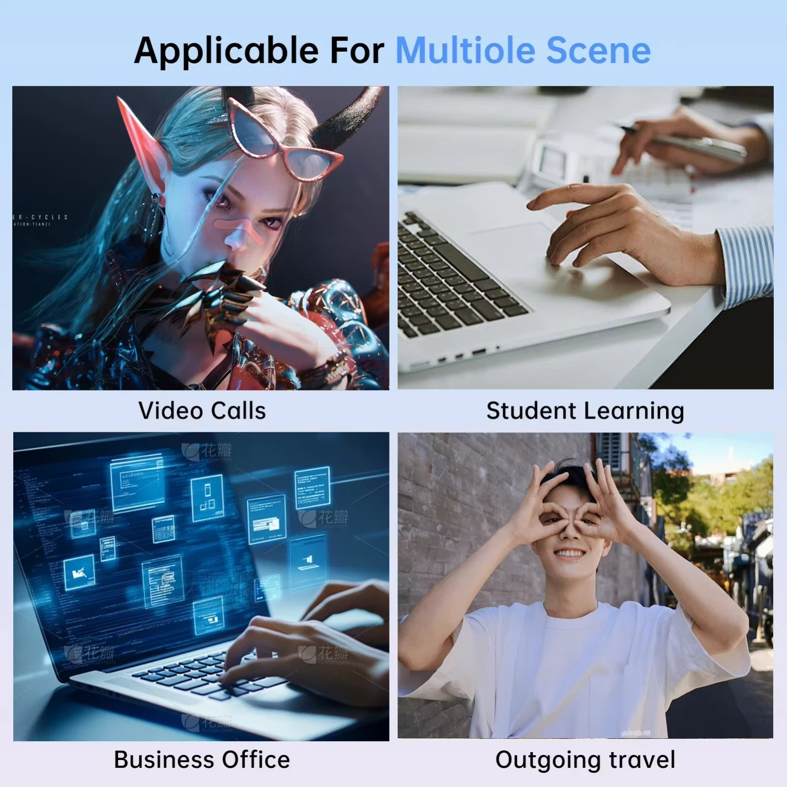 Collage of images showing video calls, student learning, business office, and outgoing travel scenarios.