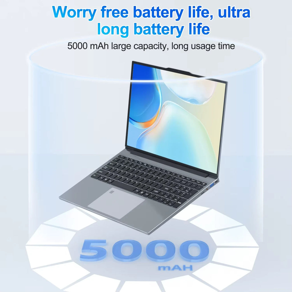 Laptop with 5000 mAh battery capacity on a light blue background