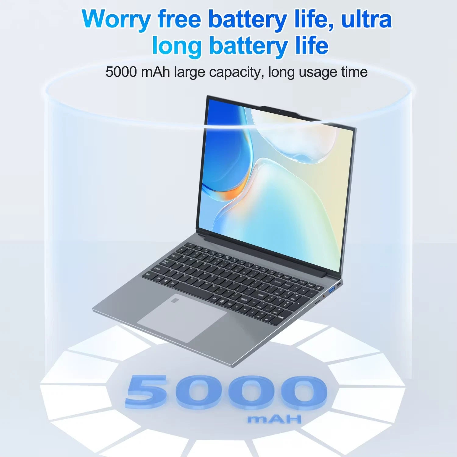 Laptop with 5000 mAh battery capacity on a light blue background