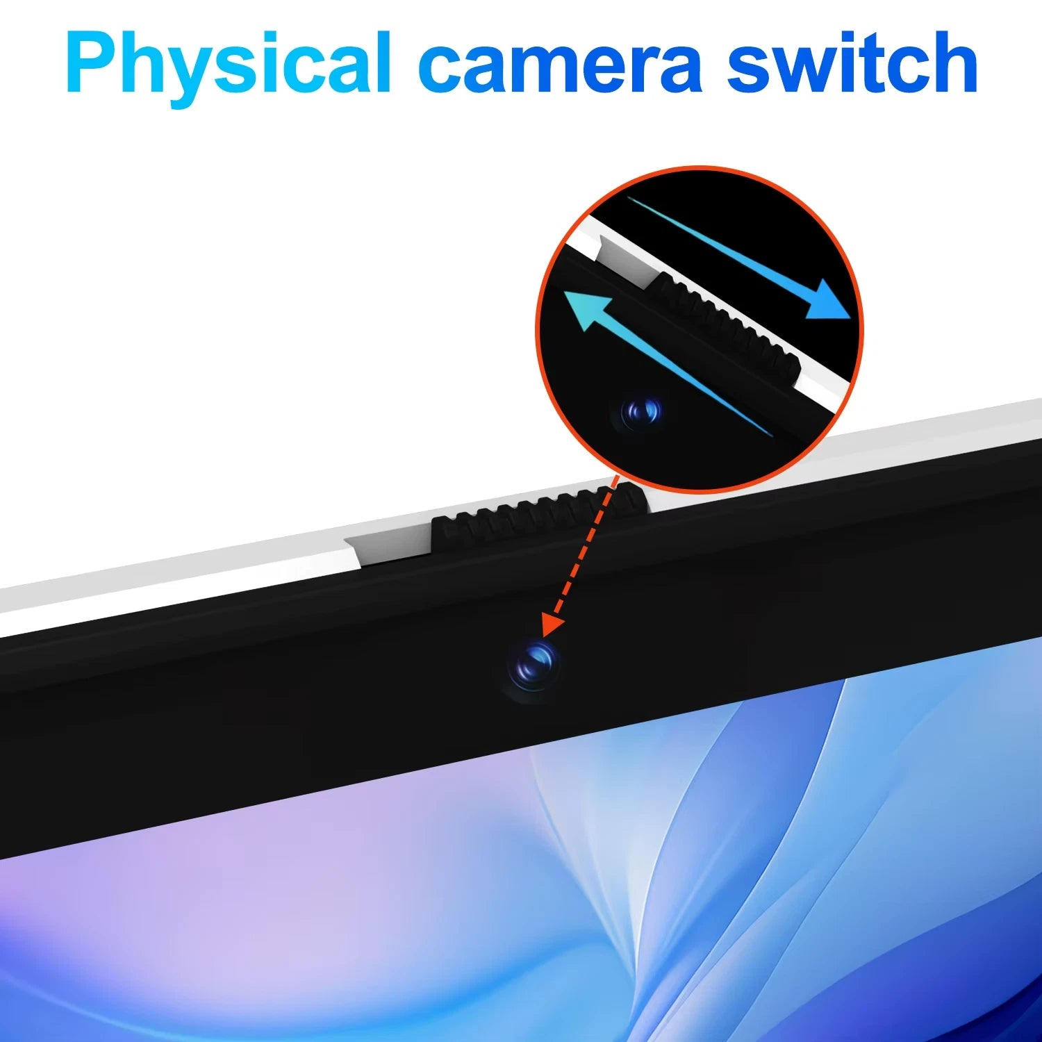 Physical camera switch on a device with an inset showing the switch mechanism.