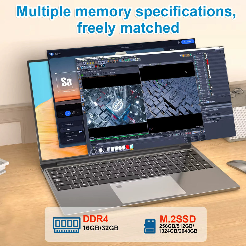 Laptop on a desk with multiple monitors displaying software interfaces, emphasizing memory specifications.