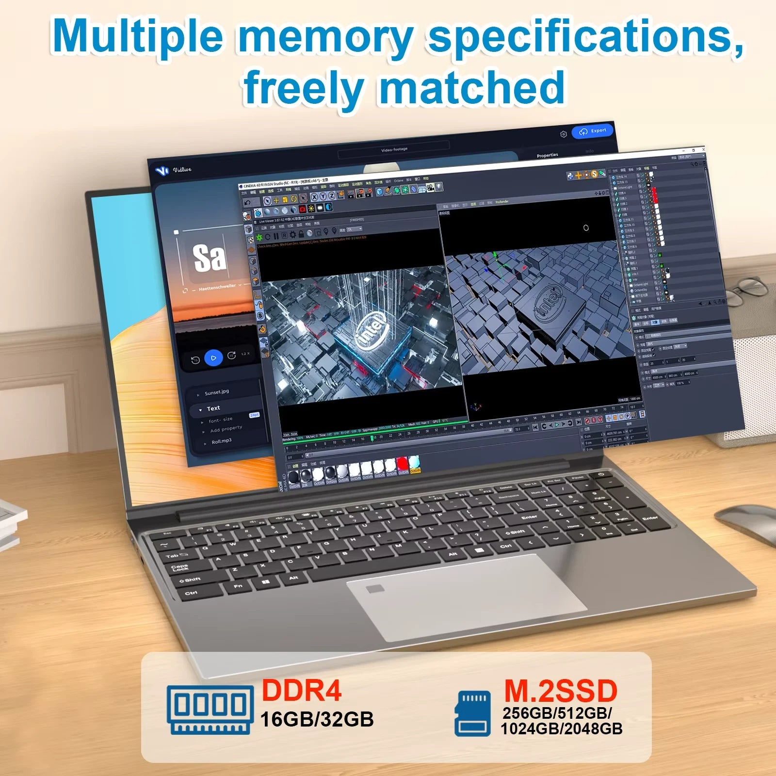 Laptop on a desk with multiple monitors displaying software interfaces, emphasizing memory specifications.