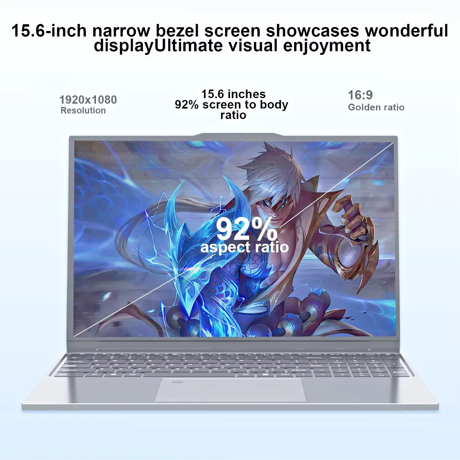 Laptop on a white background showing sizing of laptop and aspect ratio and resolution