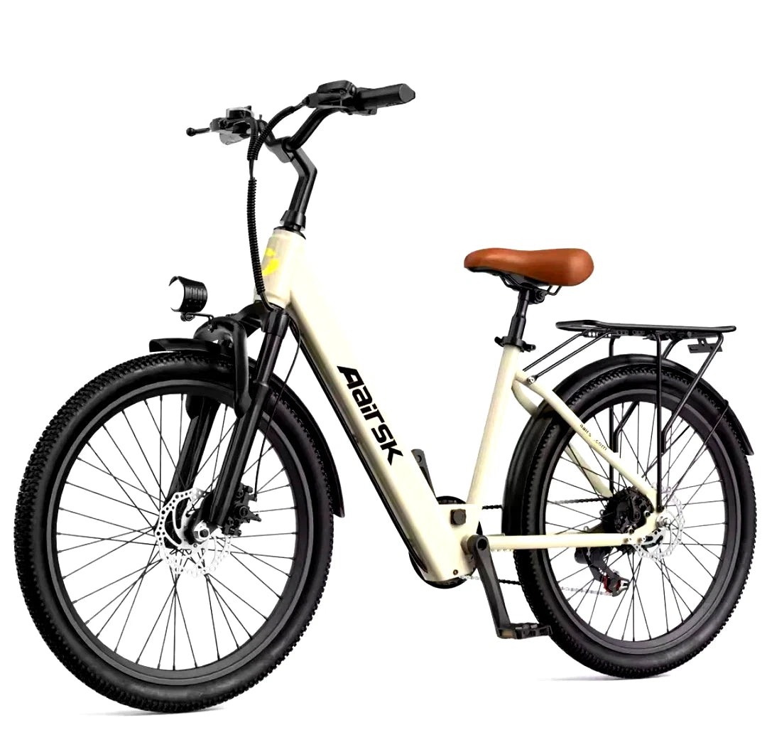Electric bicycle with a beige frame and black tires on a white background