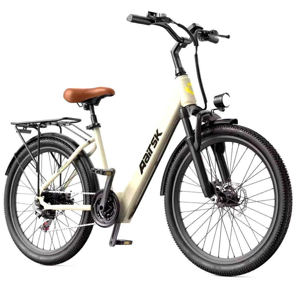 Beige electric bike with black frame and brown seat on a white background