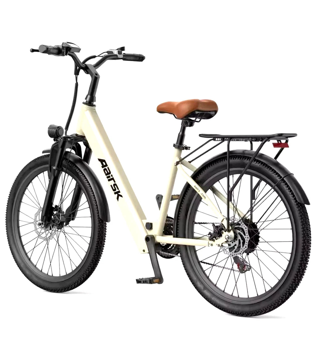 Beige electric bicycle with brown seat on a white background