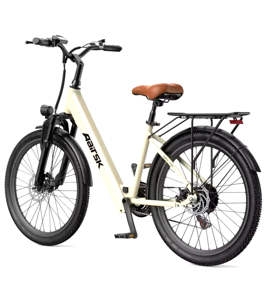 Beige electric bicycle with brown seat on a white background
