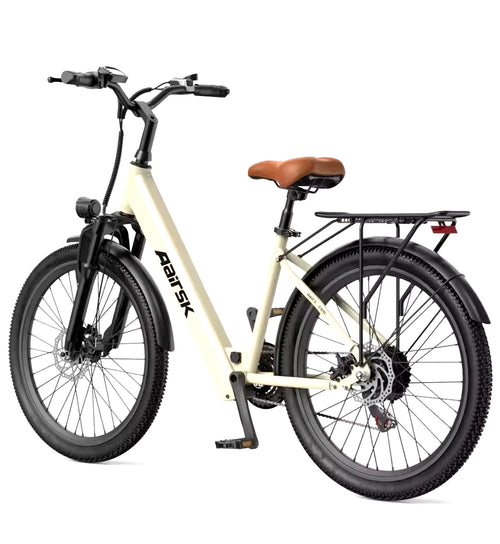 Beige electric bicycle with brown seat on a white background