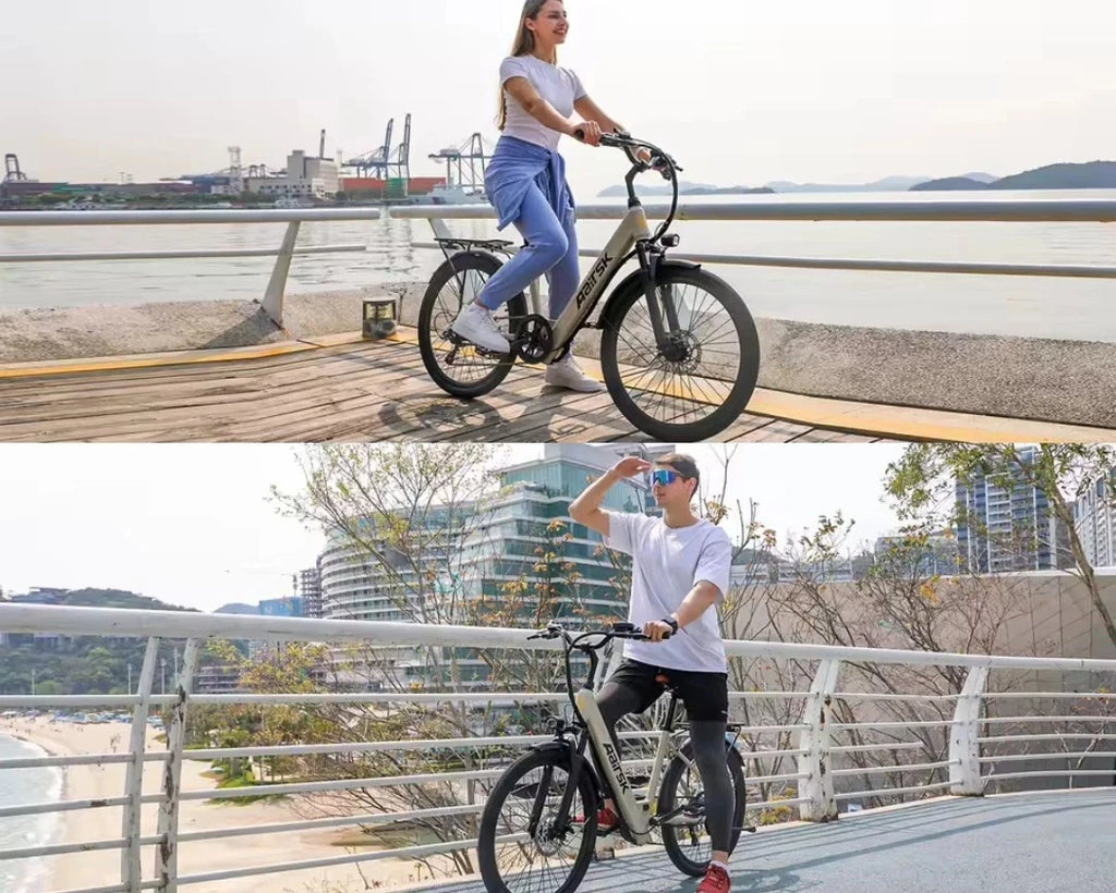 A female and a male riding electric bikes on bridges with cityscape backgrounds
