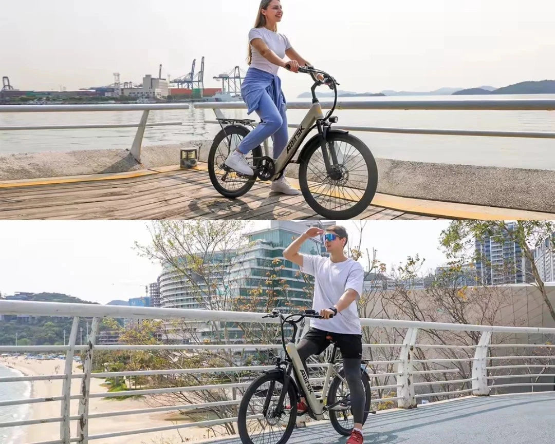 A female and a male riding electric bikes on bridges with cityscape backgrounds